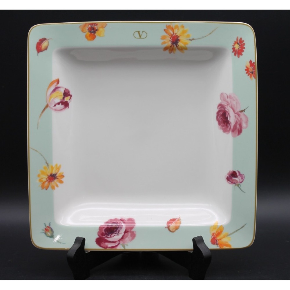 Valentino Tableware Square Serving Bowl 9.5" Floral Porcelain Gold Trim Green